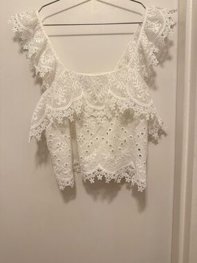 Zara White Lace Eyelet Cropped Off-Shoulder Top